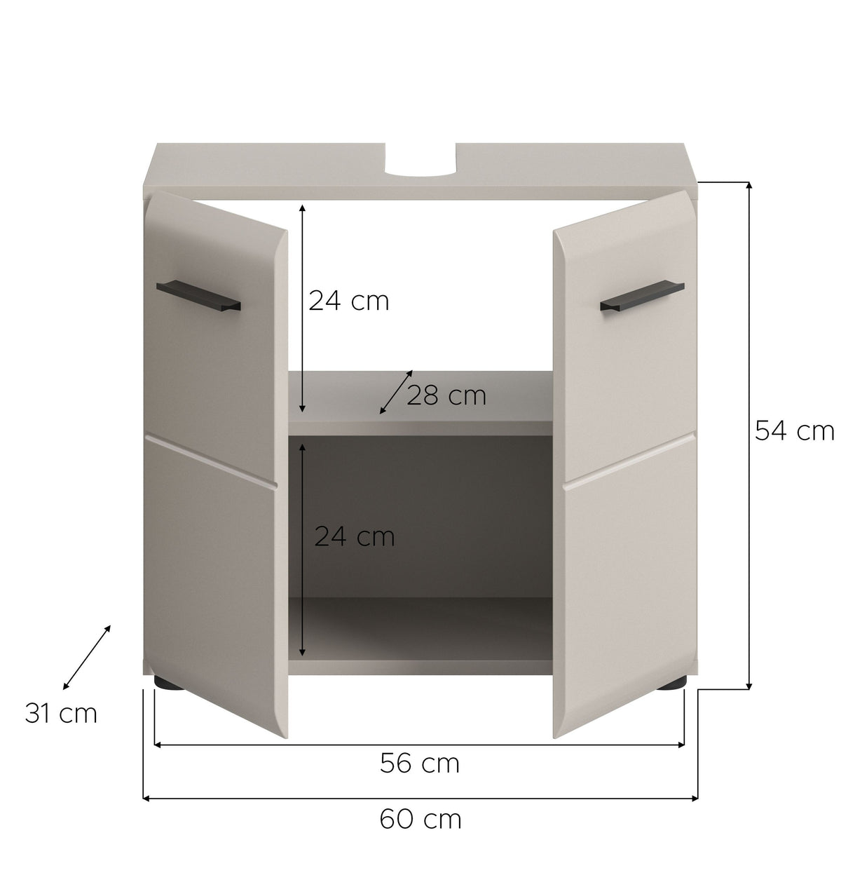 Waschbeckenunterschrank 60 cm weiß, Maßzeichnung mit Innenfach
