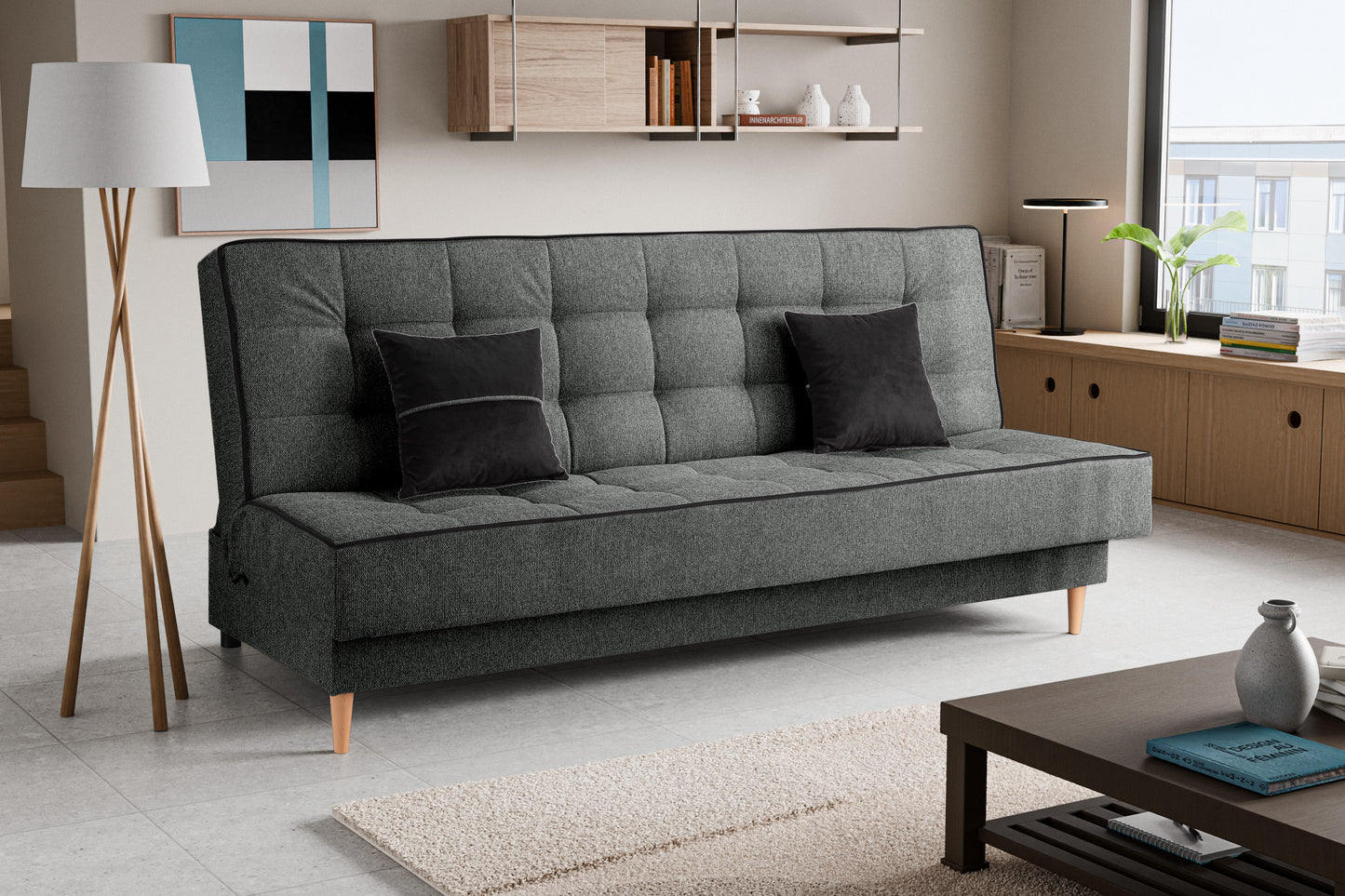 Schlafsofa mit Schlaffunktion, grauer Stoffbezug, Rück- und Sitzkissen mit Knopfoptik