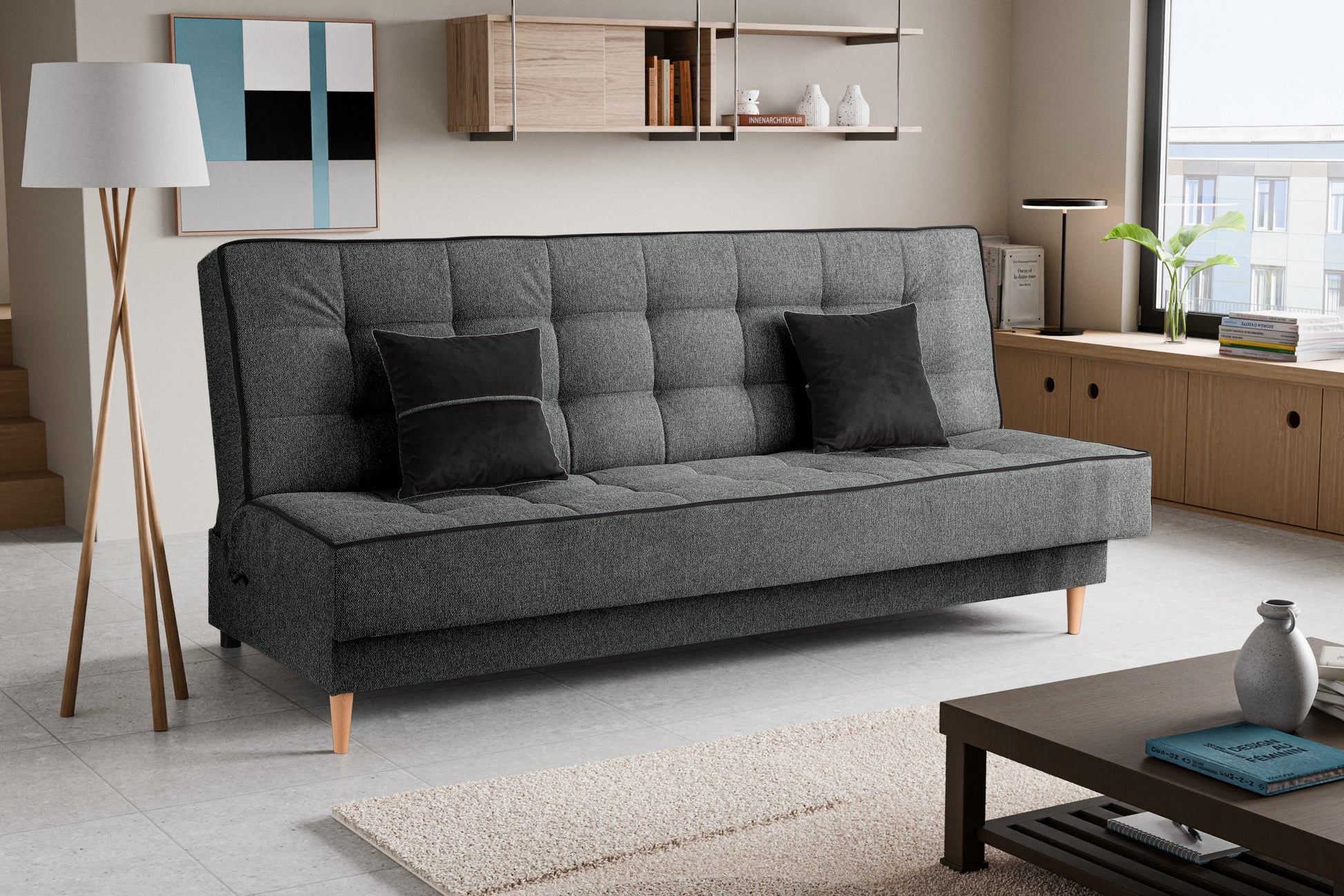 Schlafsofa mit Schlaffunktion, grauer Stoffbezug, Rück- und Sitzkissen mit Knopfoptik
