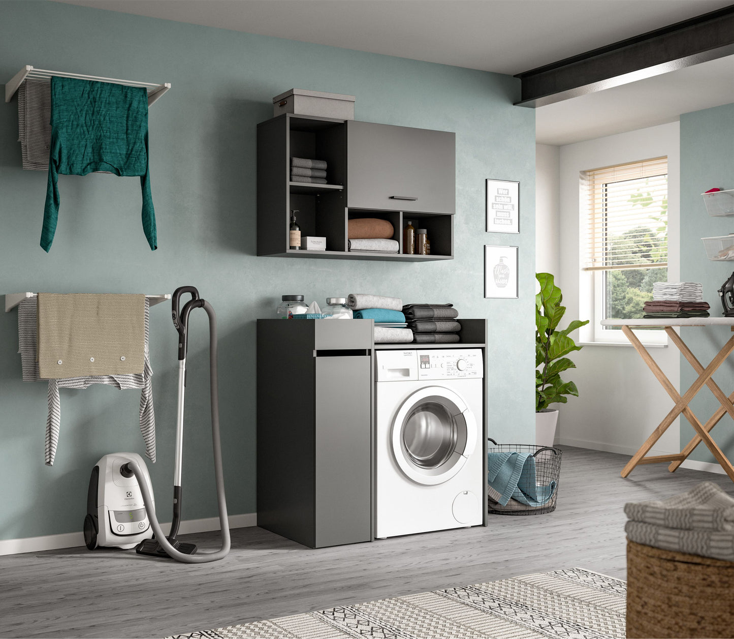Waschmaschinenschrank-Set mit Überbau, grauer Schrank neben Frontlader-Waschmaschine