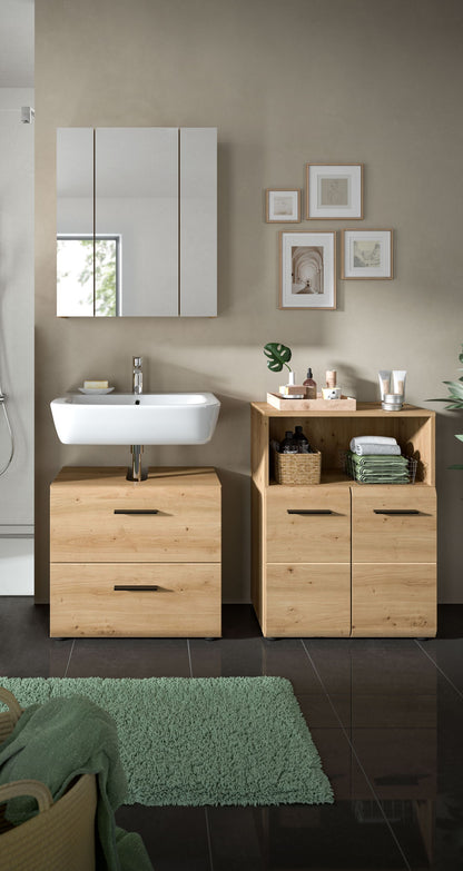 Badezimmermöbel-Set mit hellem Holz, weißen Fronten und Waschbecken mit Schubladen