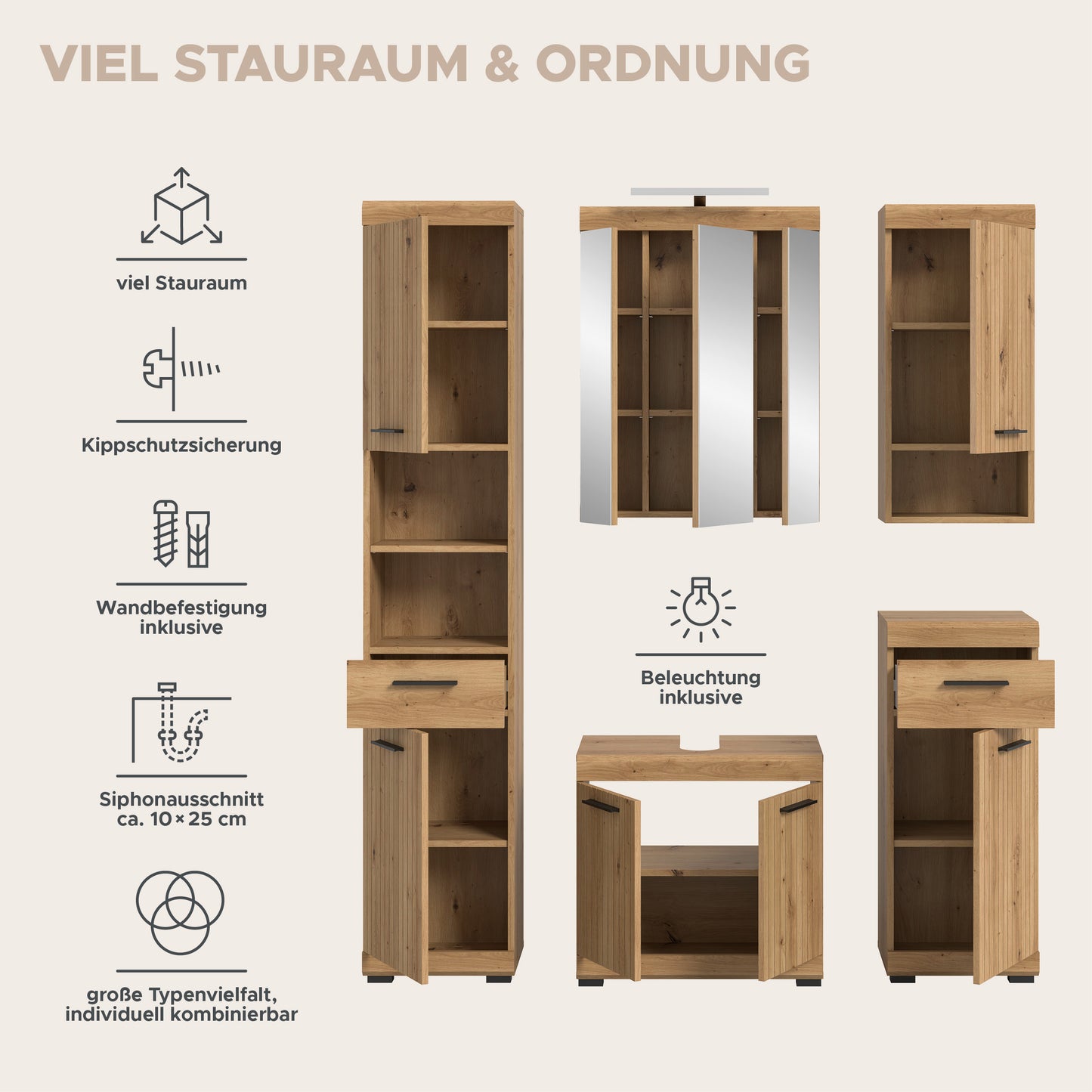 Badezimmerset: hoher Schrank, Spiegelschrank, Unterschrank mit Beleuchtung und Ablageflächen
