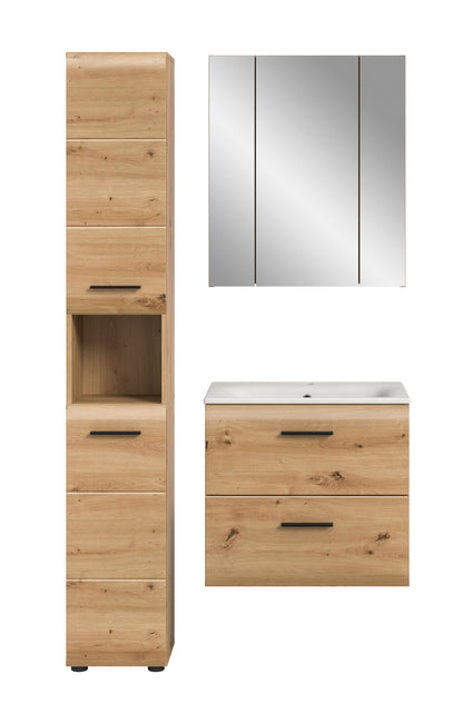 Badmöbel-Set in hellem Holz: Hochschrank, Spiegelschrank und Waschtisch mit Unterschrank