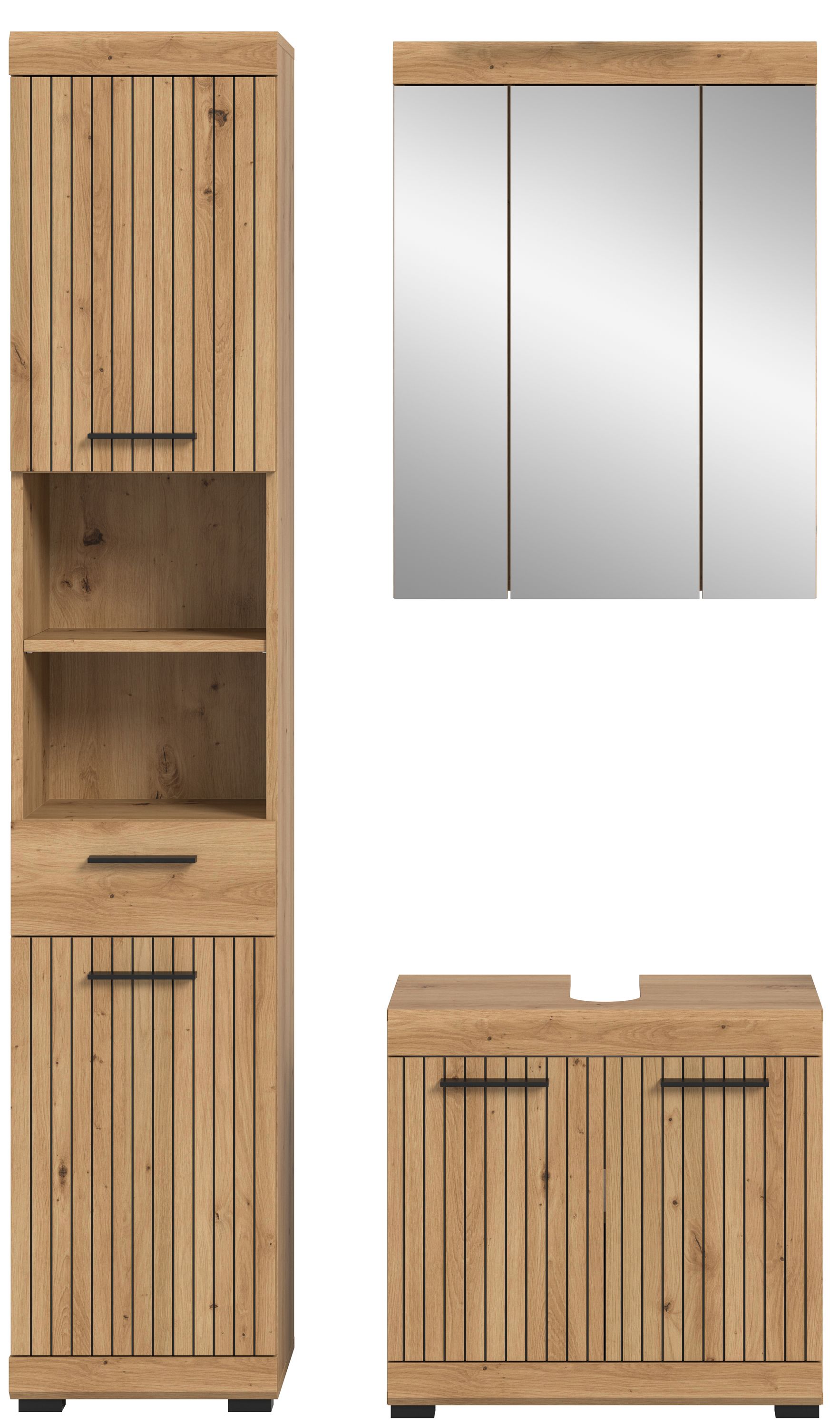 Badezimmerset 3-tlg. in Holzoptik: Hochschrank mit Türen, Spiegelschrank und Unterschrank