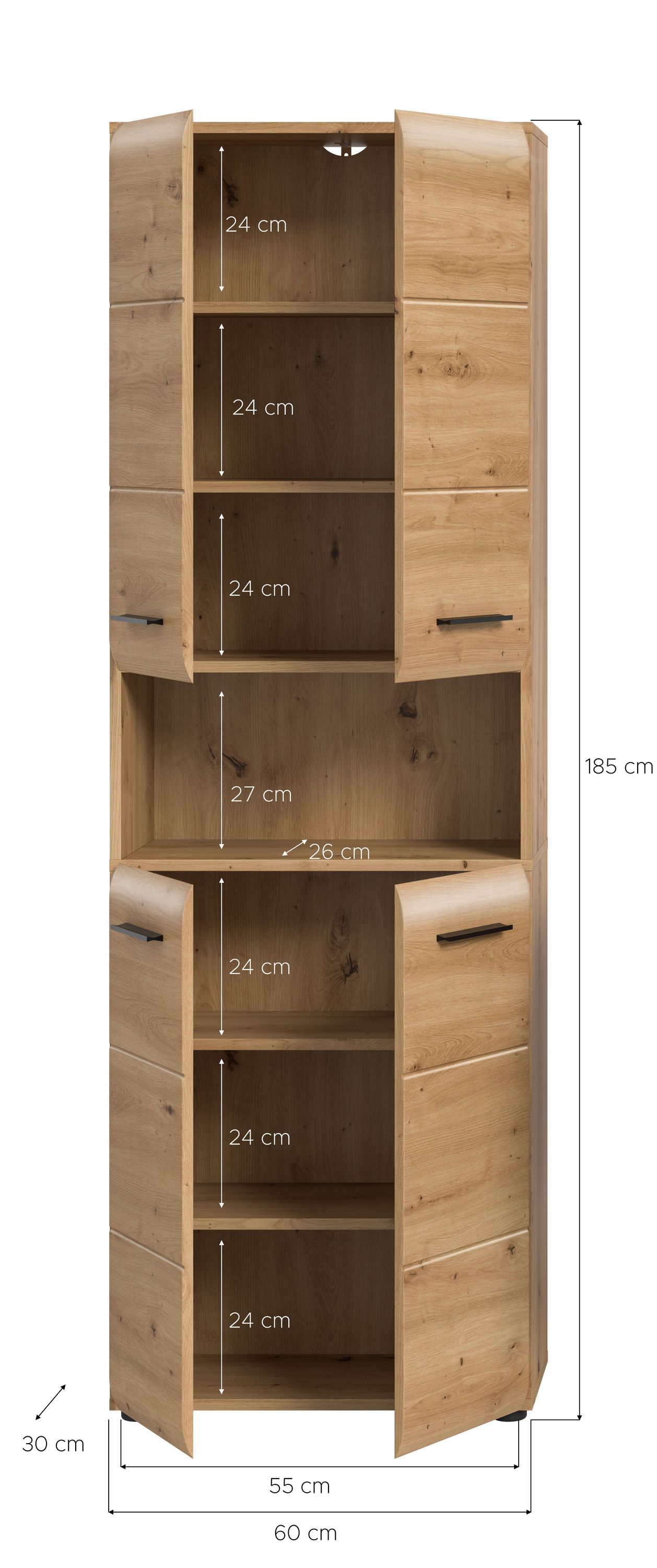 Badezimmerhochschrank aus Holzoptik mit zwei Türen, offenen Fächern und Schubladen