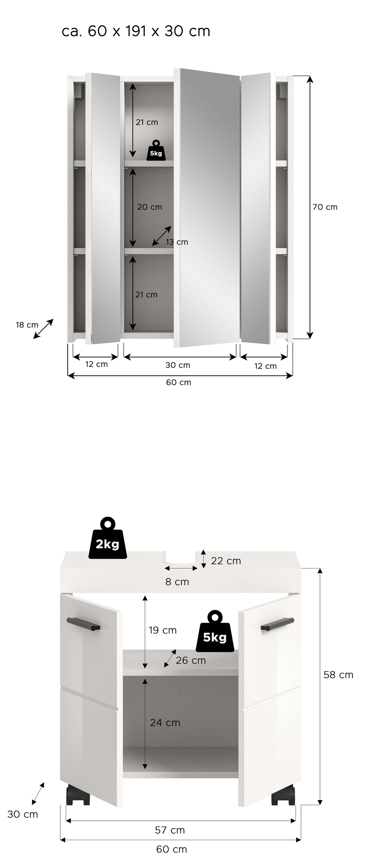 Ensemble de salle de bain NOVA (L/H/P : env. 60/191/30 cm) en blanc/blanc brillant