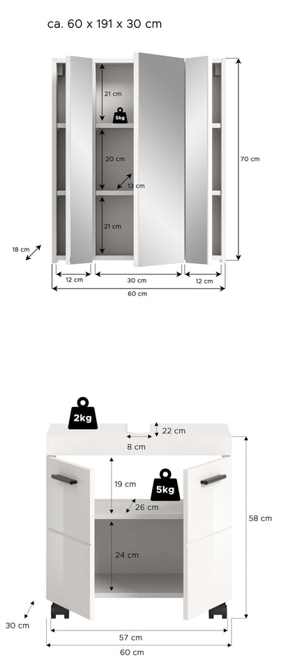 Ensemble de salle de bain NOVA (L/H/P : env. 60/191/30 cm) en blanc/blanc brillant