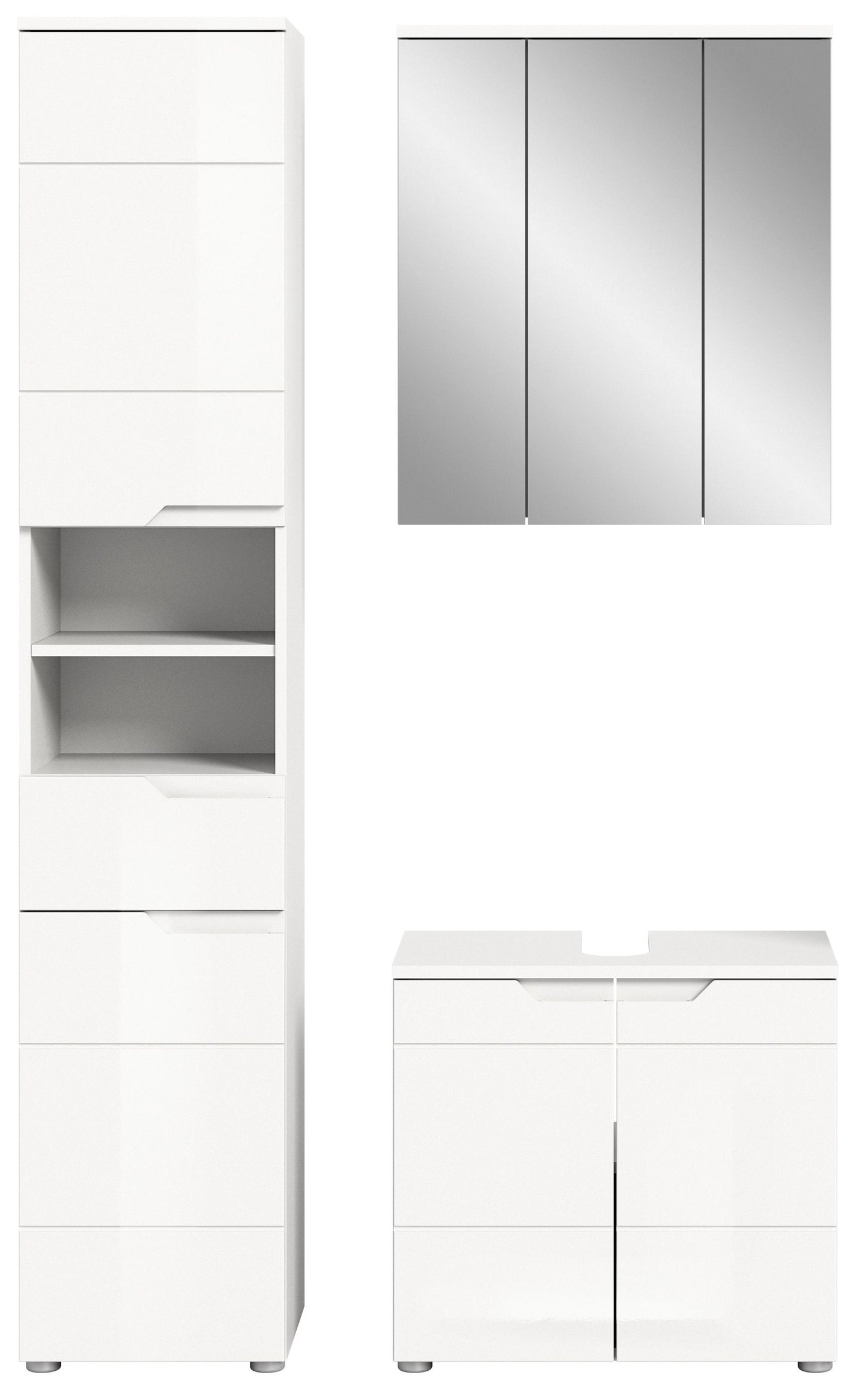 Badmöbelset mit Hochschrank und Sideboard, weiße Hochglanzfronten, offene Fächer