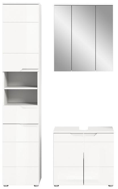 Badmöbelset mit Hochschrank und Sideboard, weiße Hochglanzfronten, offene Fächer