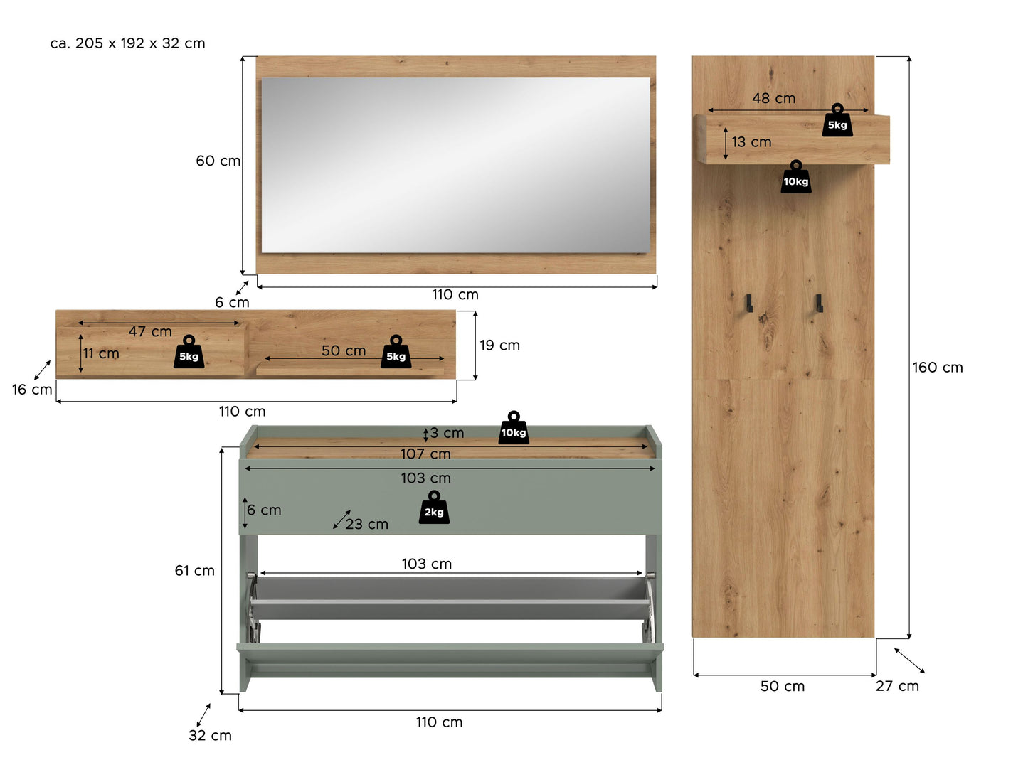 Ensemble de vestibule DRIVE (L/H/P : env. 205/192/32 cm) en sauge/sauge