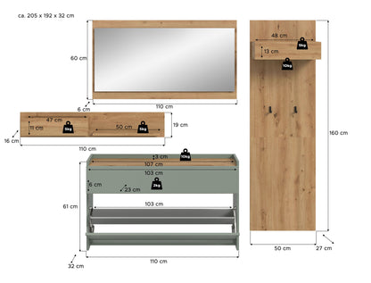 Ensemble de vestibule DRIVE (L/H/P : env. 205/192/32 cm) en sauge/sauge