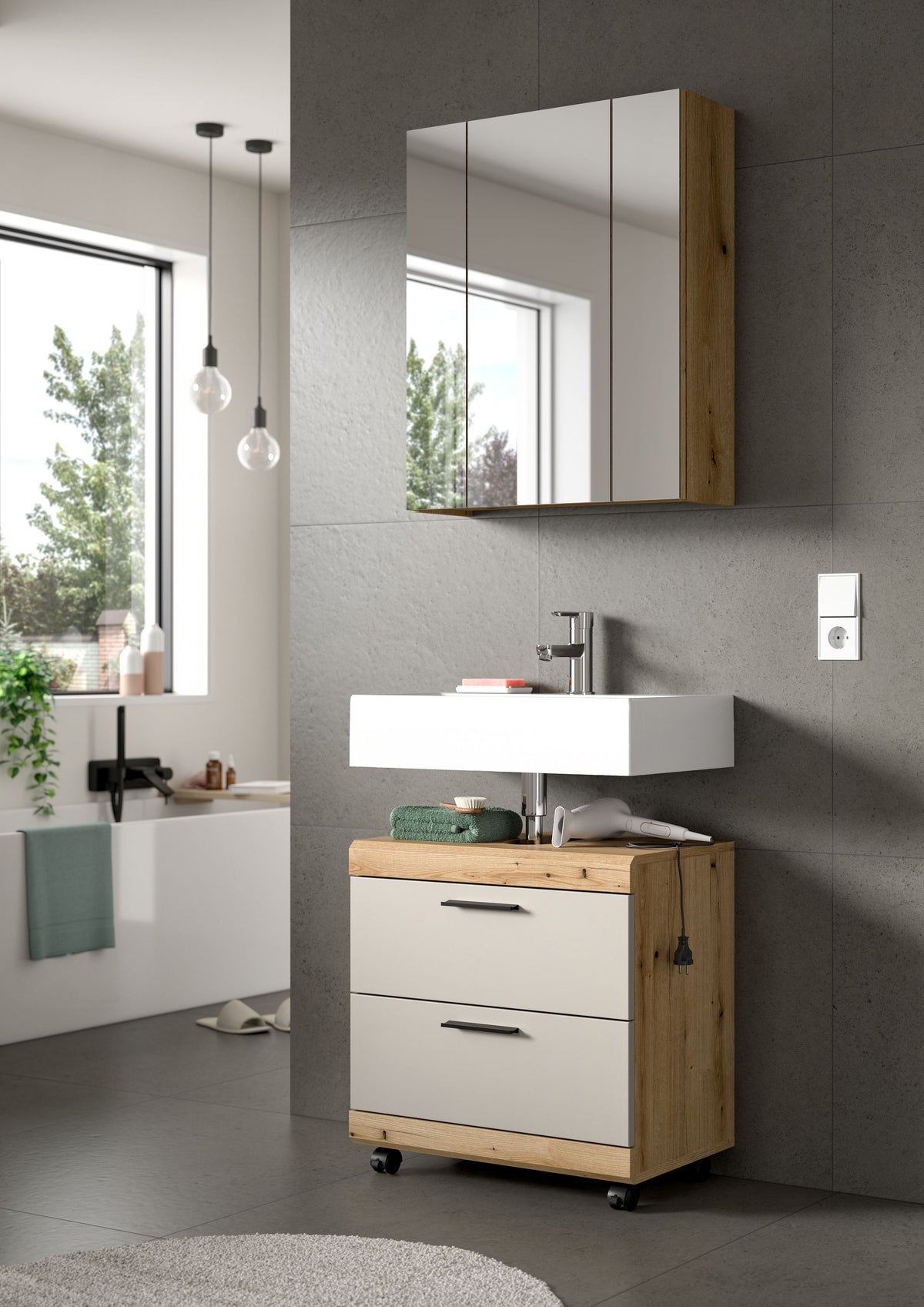 Waschbeckenunterschrank mit weißer Front, Holzrahmen und integriertem Waschbecken