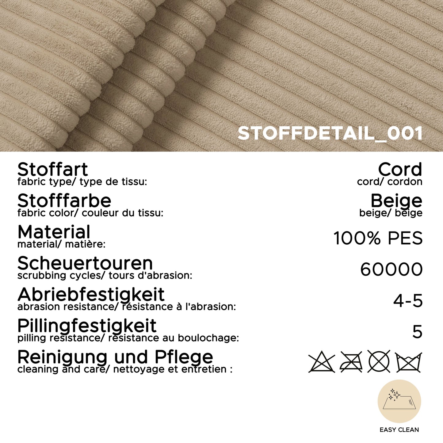 Stoffdetail des Cordbezugs in Beige mit Rippstruktur, 100% PES, Pflege-Icons