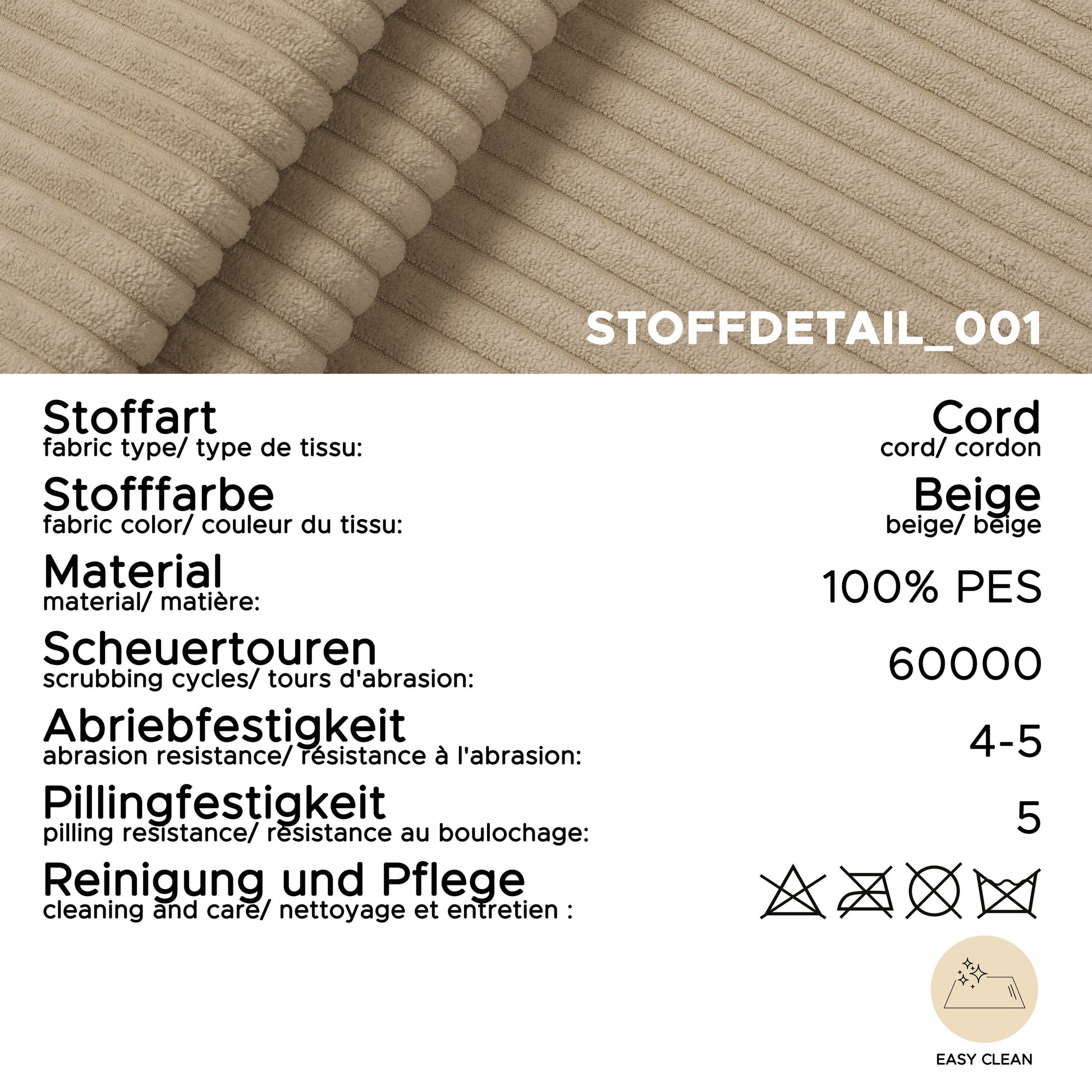 Stoffdetail des Cordbezugs in Beige mit Rippstruktur, 100% PES, Pflege-Icons
