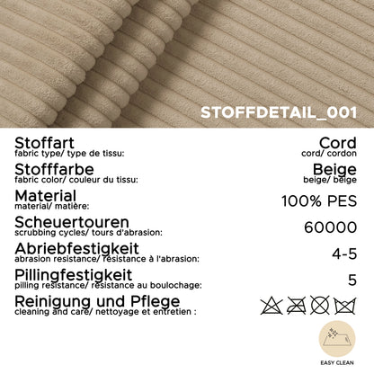 Stoffdetail des Cordbezugs in Beige mit Rippstruktur, 100% PES, Pflege-Icons