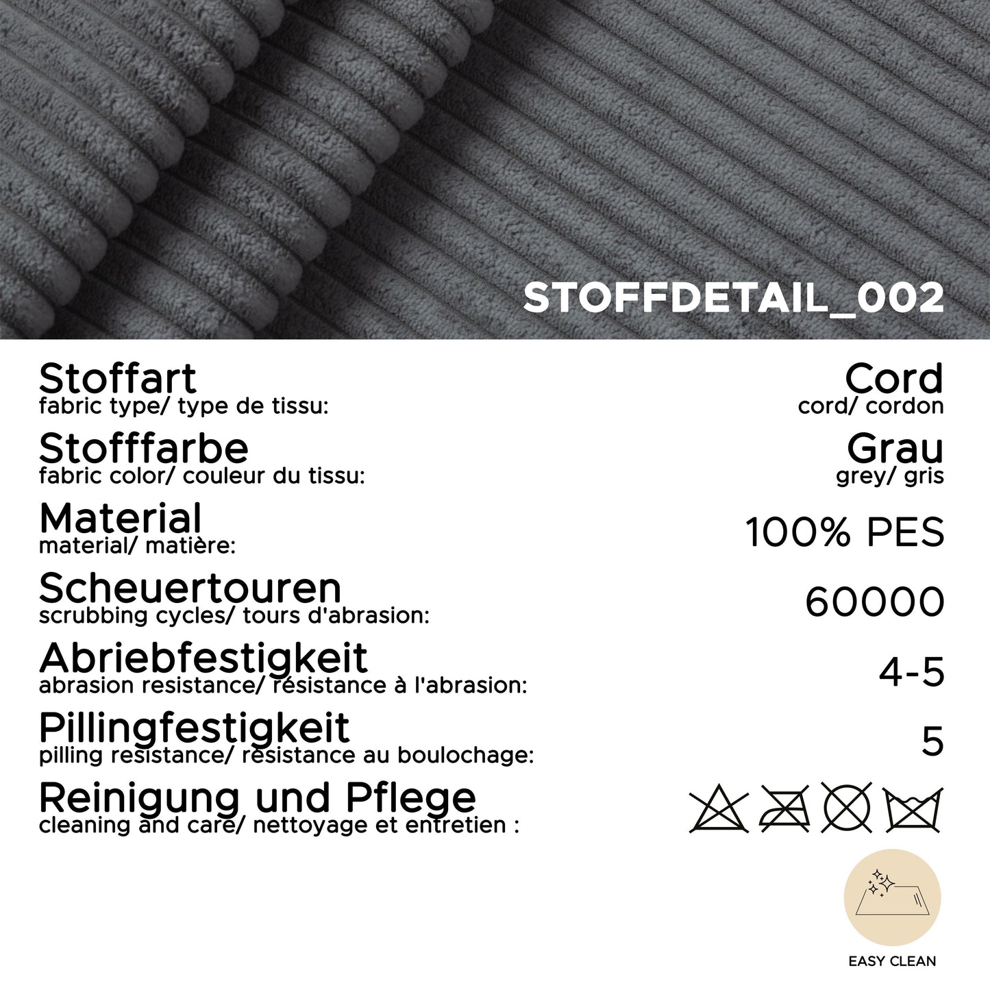 Cord-Stoffdetail am Ecksofa, graue gerippte Textur mit dichtem Gewebe
