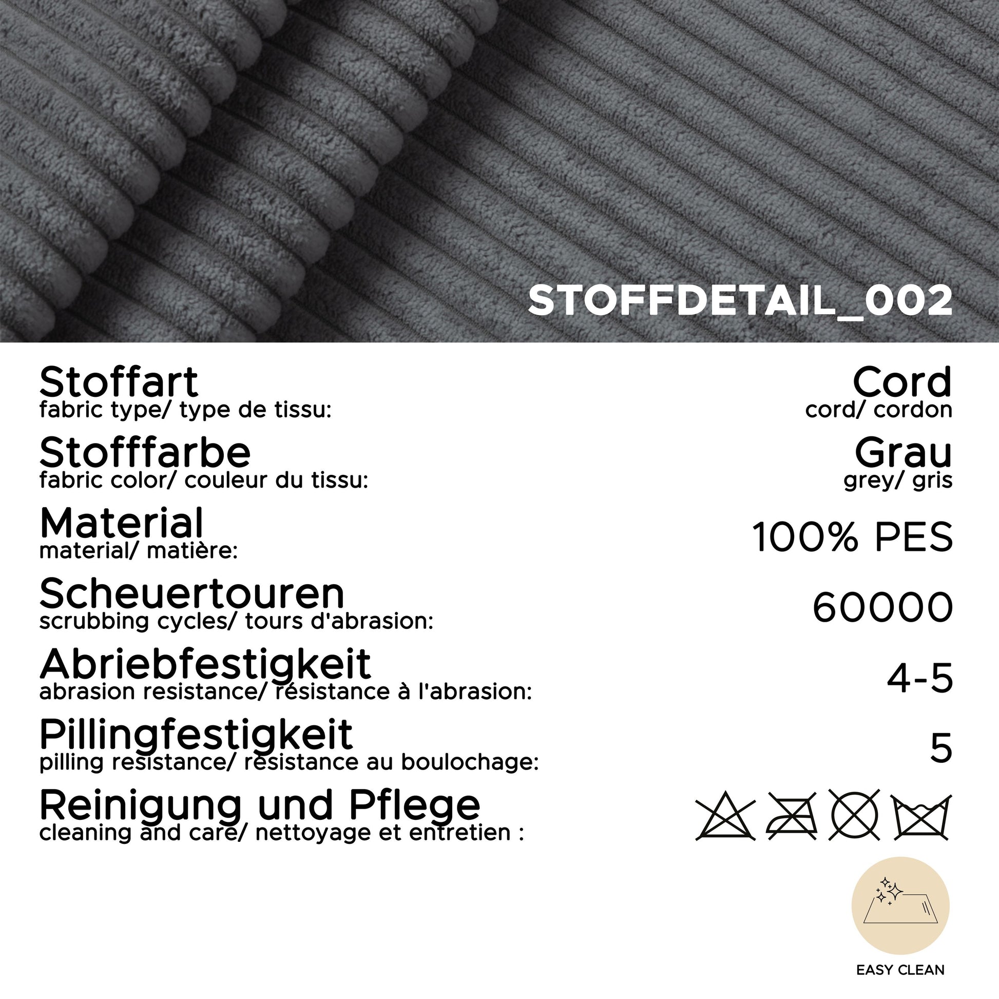 Cord-Stoffdetail am Ecksofa, graue gerippte Textur mit dichtem Gewebe