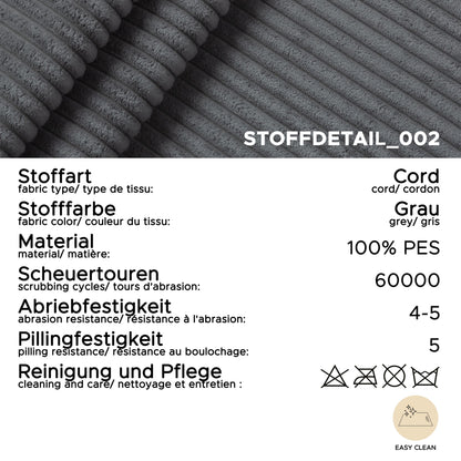 Cord-Stoffdetail am Ecksofa, graue gerippte Textur mit dichtem Gewebe