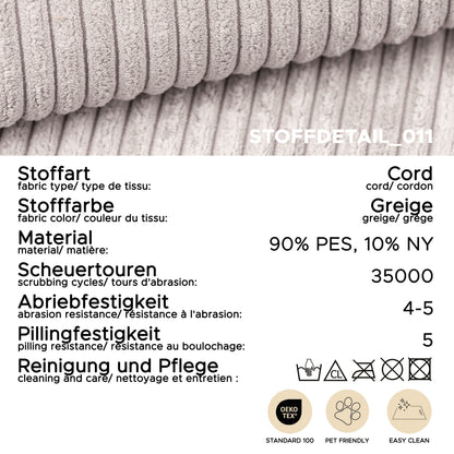 Cord-Stoffdetail am Polster, Rippenstruktur in Greige mit Pflege- und Materialangaben