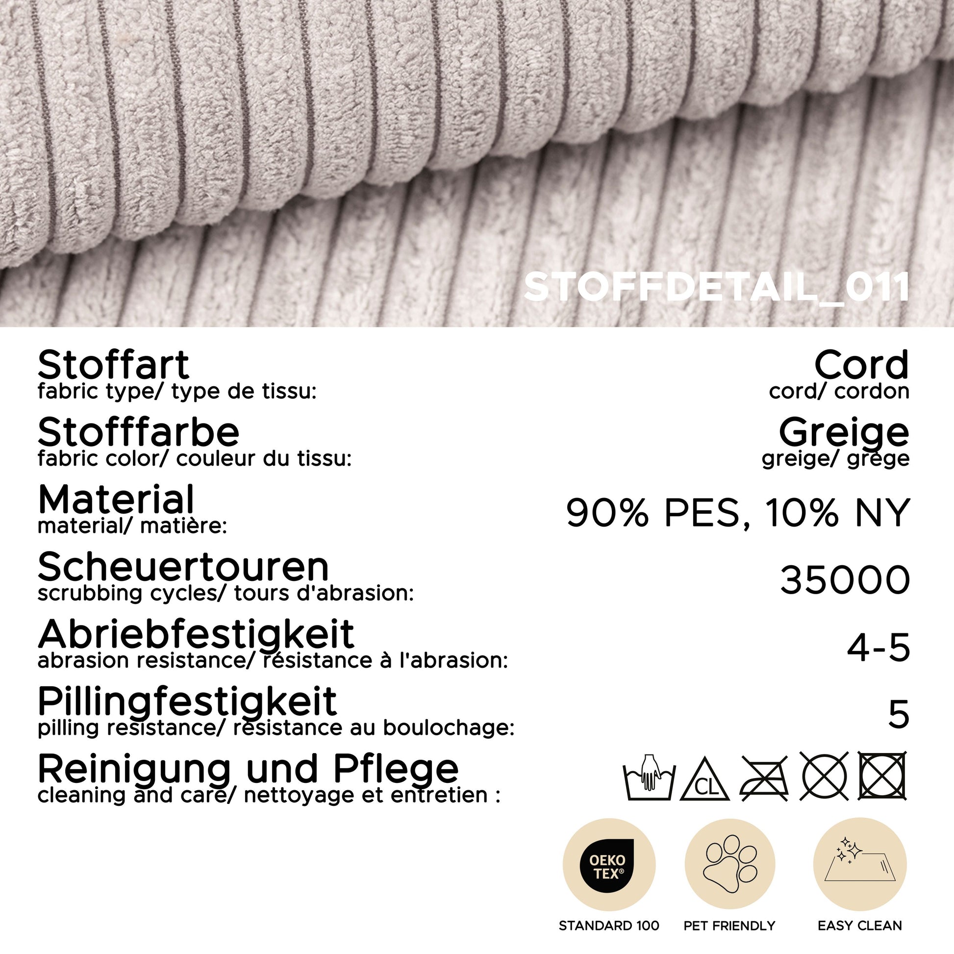 Cordstoff-Detail am Polstersessel, feine Rippenstruktur, beigegrauer Stoffbezug