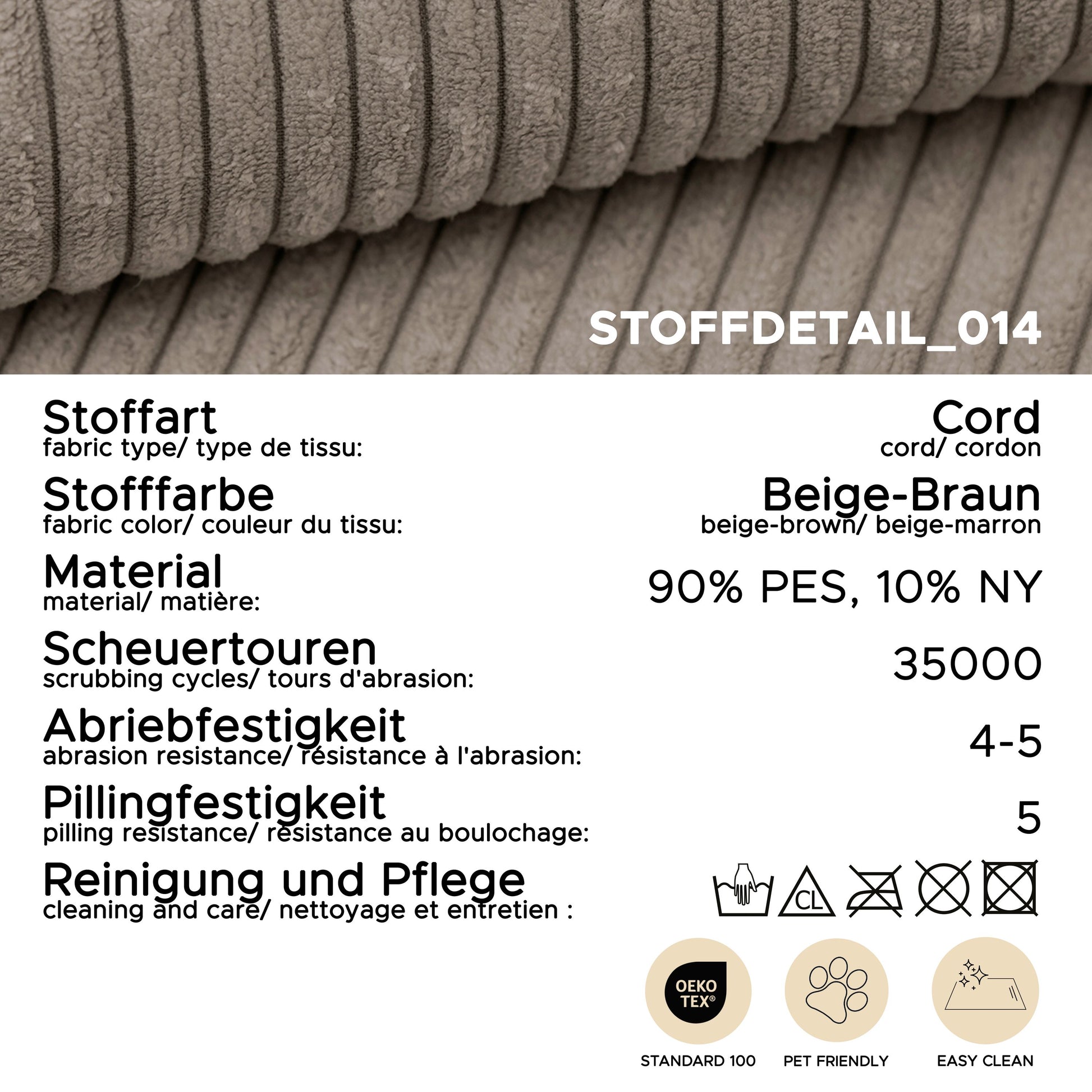 Cordstoff-Detail am Polster, beiger Bezug mit Rippenstruktur und Steppnähten