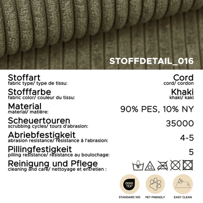 Stoffdetail-Karte Cord khaki mit Material- und Pflegehinweisen, 90% PES und 10% NY
