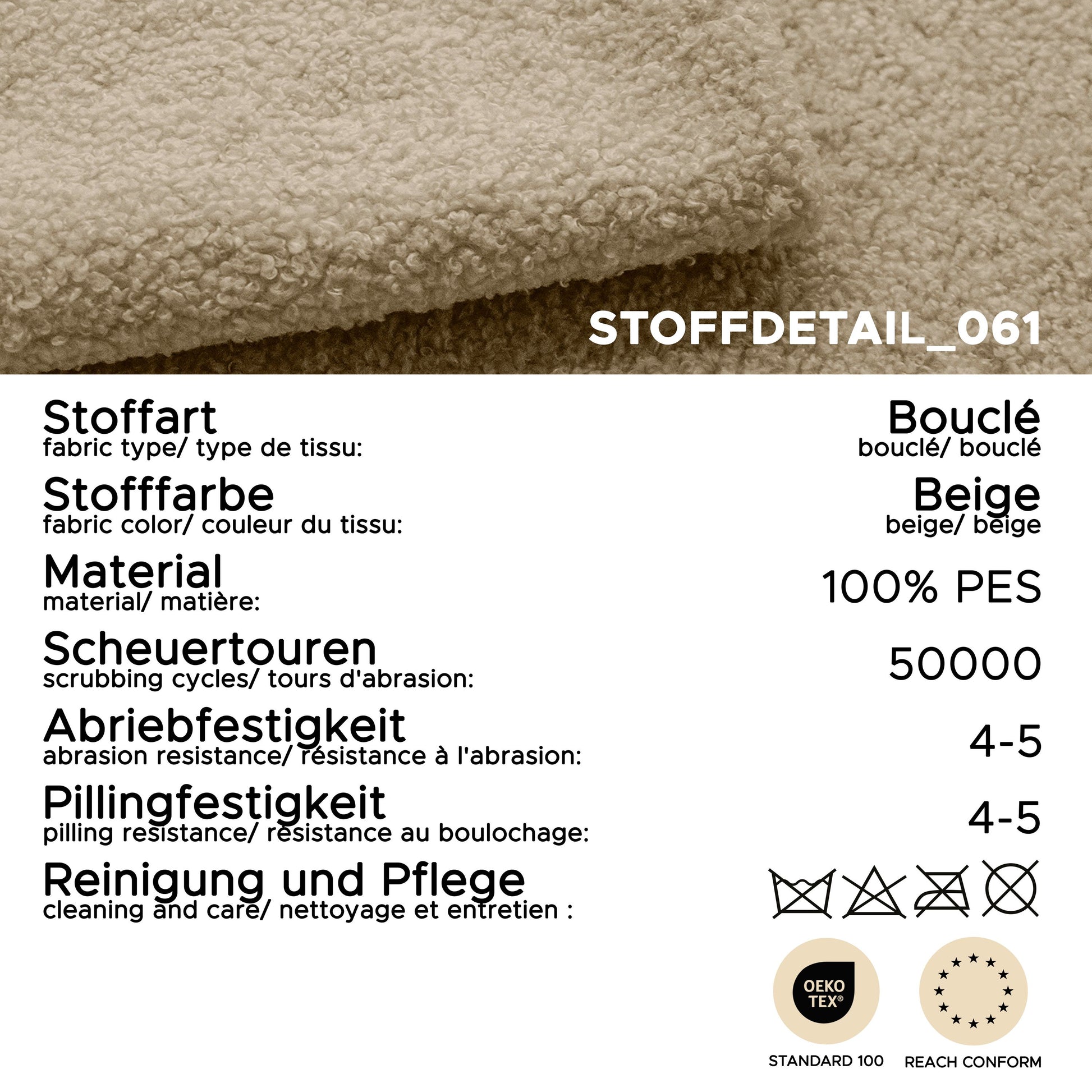 Bouclé-Stoffdetail: beiges Bouclé, 100% PES, 50000 Scheuertouren