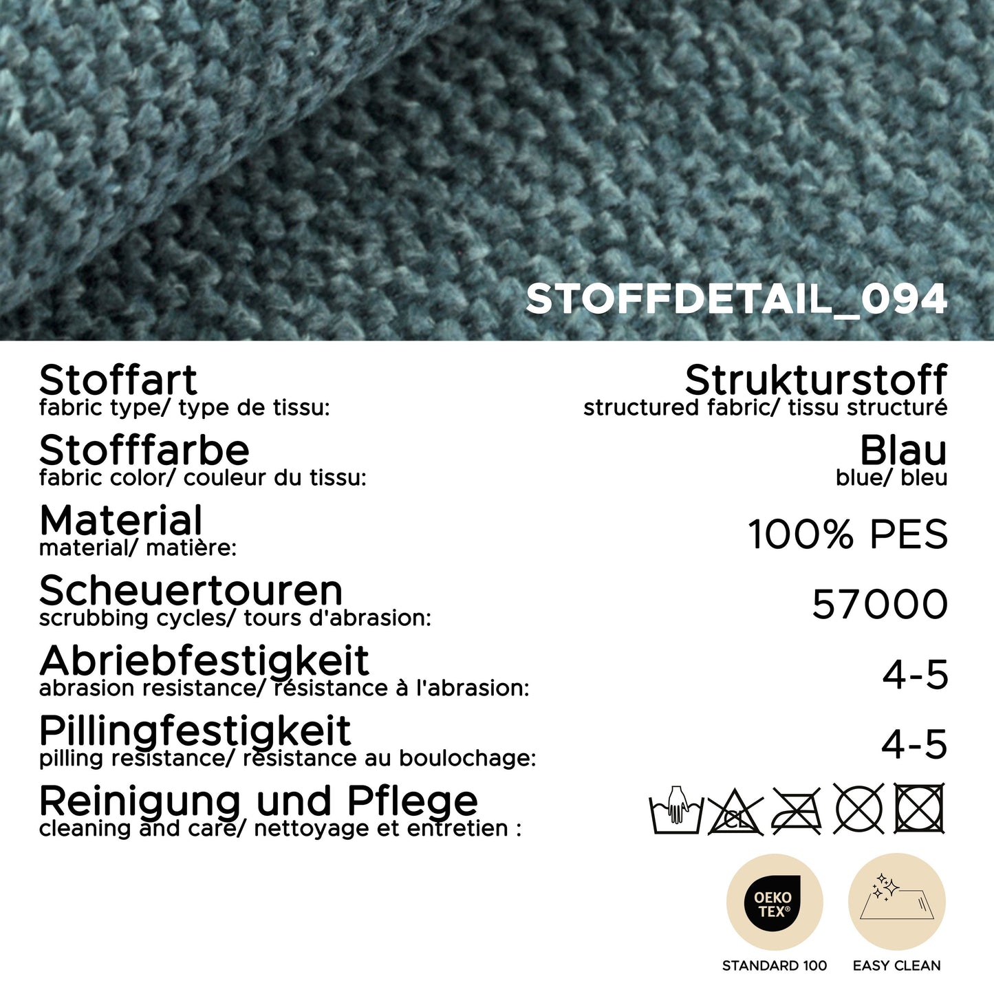 Stoffmuster am Schlafsofa: blau melierte Textur mit Naht, Detailaufnahme