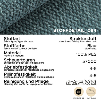 Stoffmuster am Schlafsofa: blau melierte Textur mit Naht, Detailaufnahme