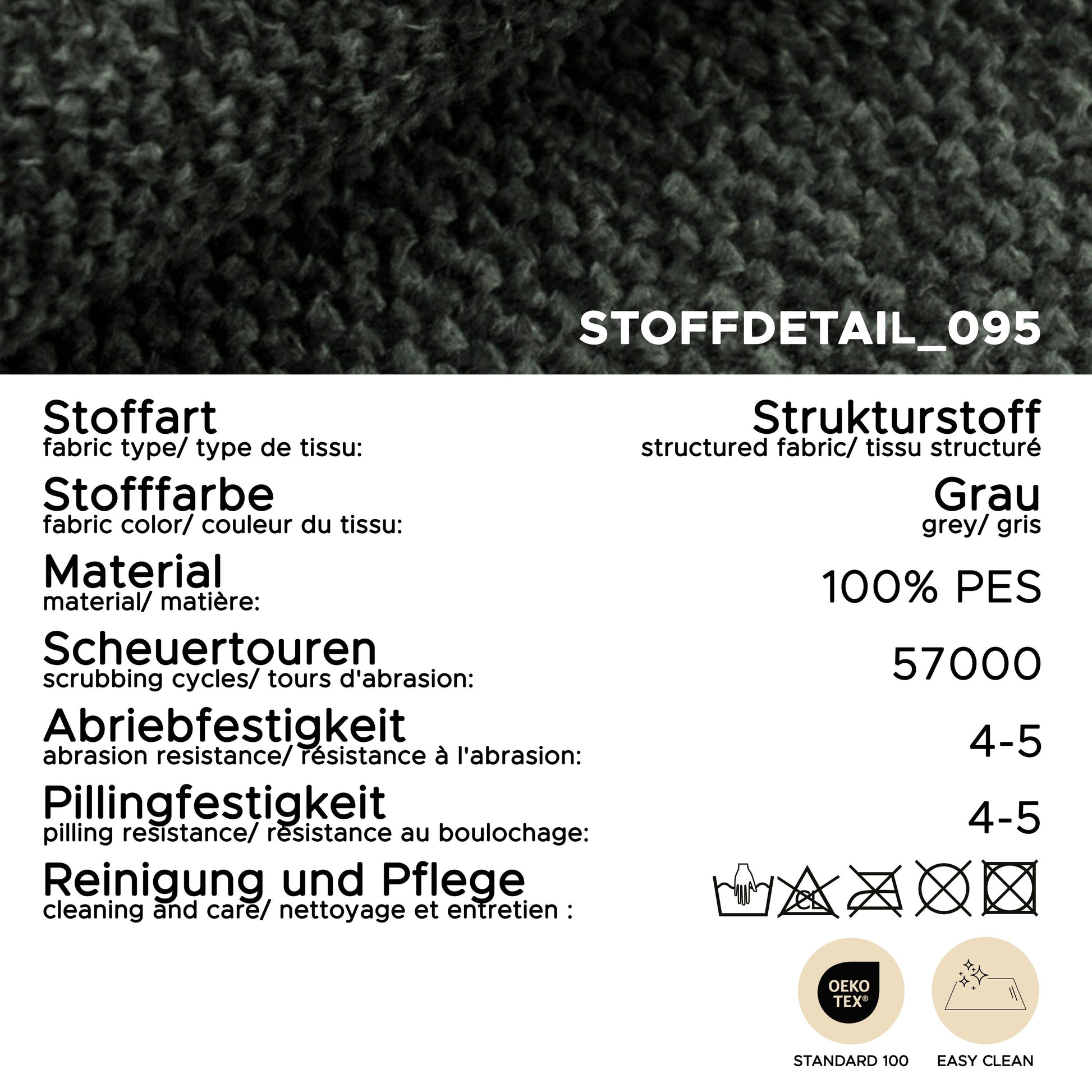 Stoffdetail-Karte: 100% PES, grau, Pflegehinweise und Abriebfestigkeit