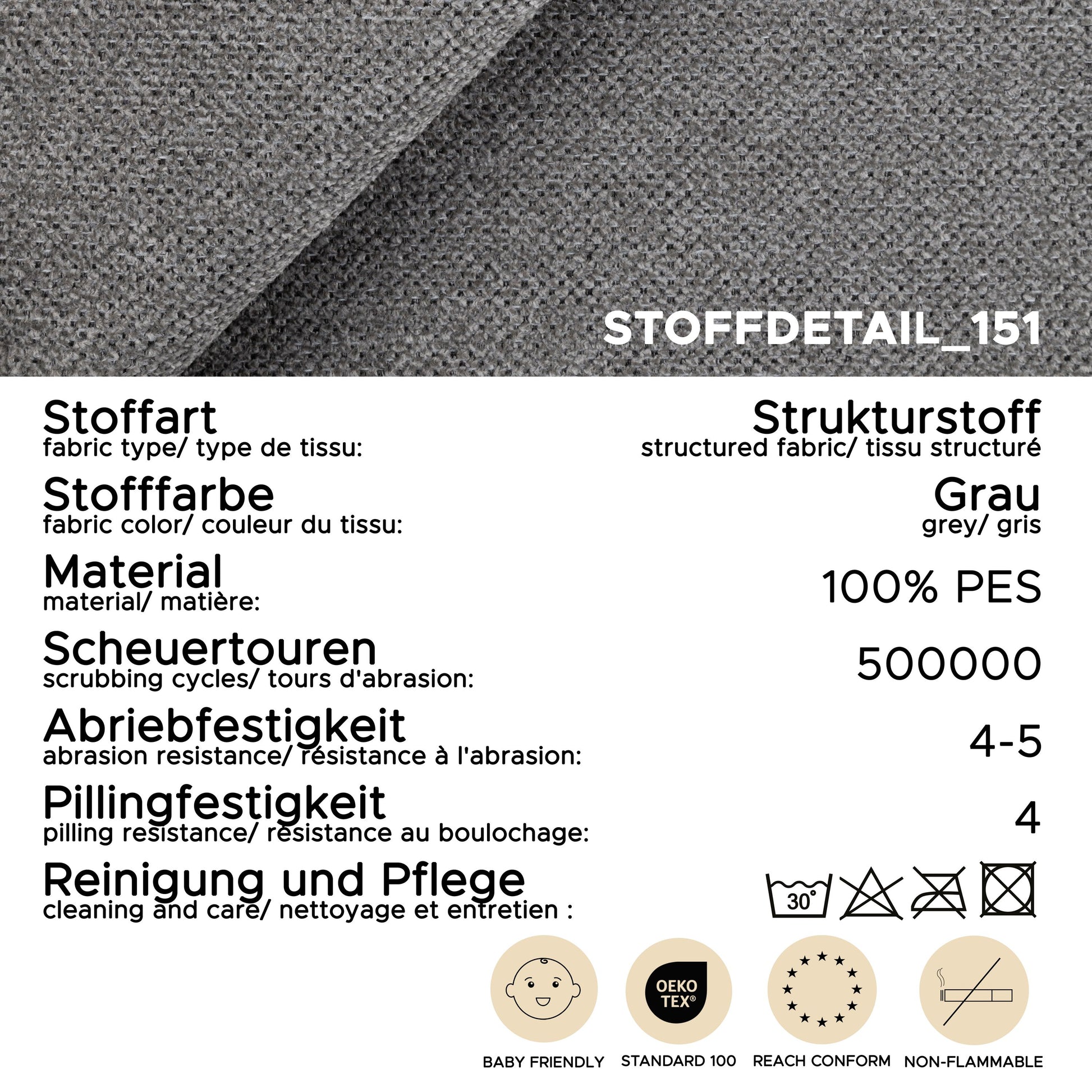 Stoffdetail_151 mit Material- und Pflegehinweisen: 100% PES, Farbe grau