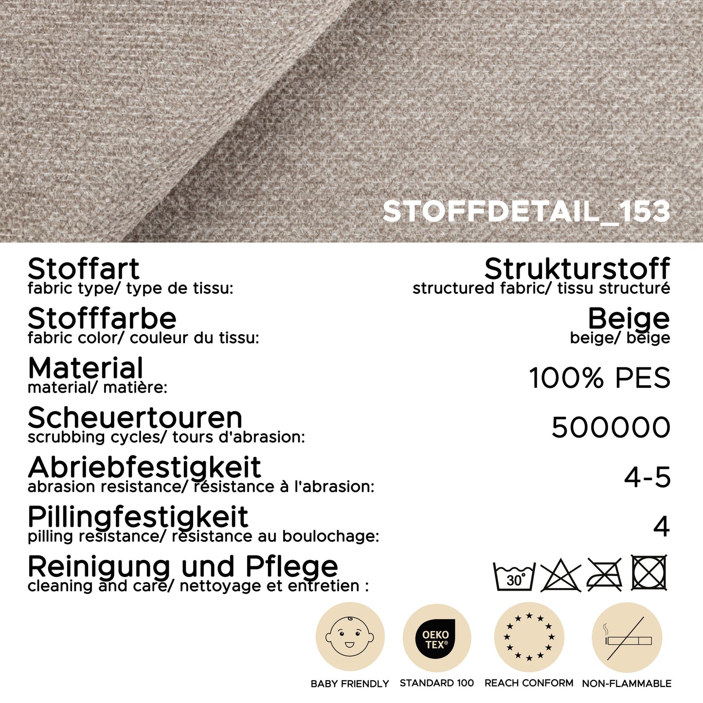 Stoffdetail-Label mit Angaben zu Strukturstoff und Pflegehinweisen