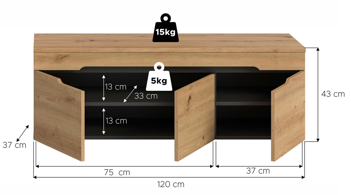 Garderobenbank 120×75 cm, Höhe 43 cm, mit Stauraumklappen in Holzoptik