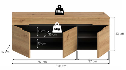 Garderobenbank 120×75 cm, Höhe 43 cm, mit Stauraumklappen in Holzoptik