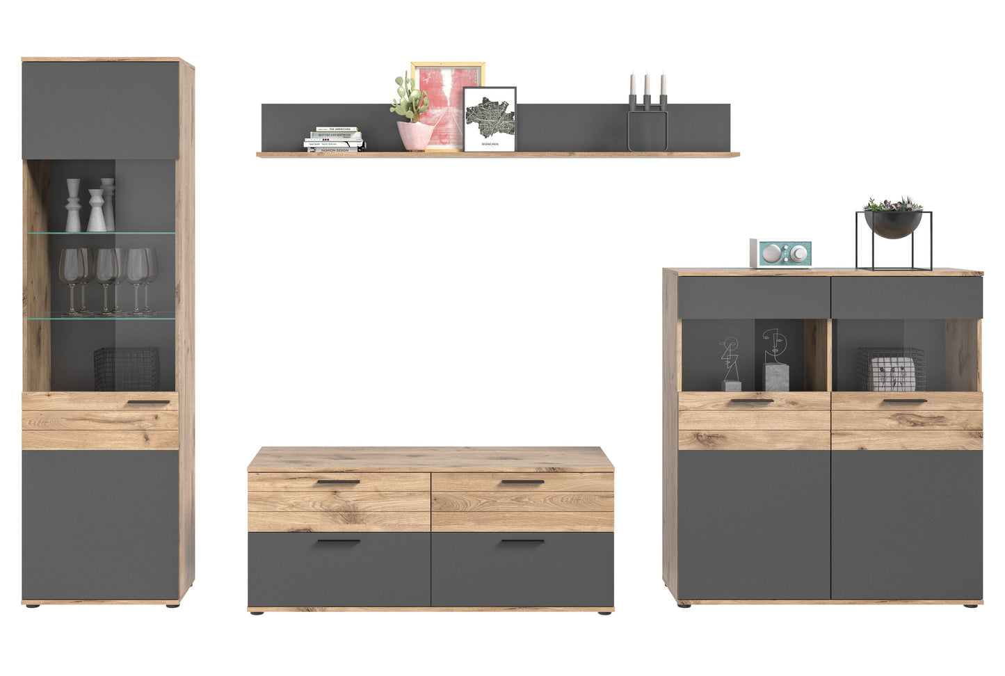 Wohnwand-Set: hohe Vitrine, TV-Kommode und Schrankelemente mit Türen und offenen Fächern