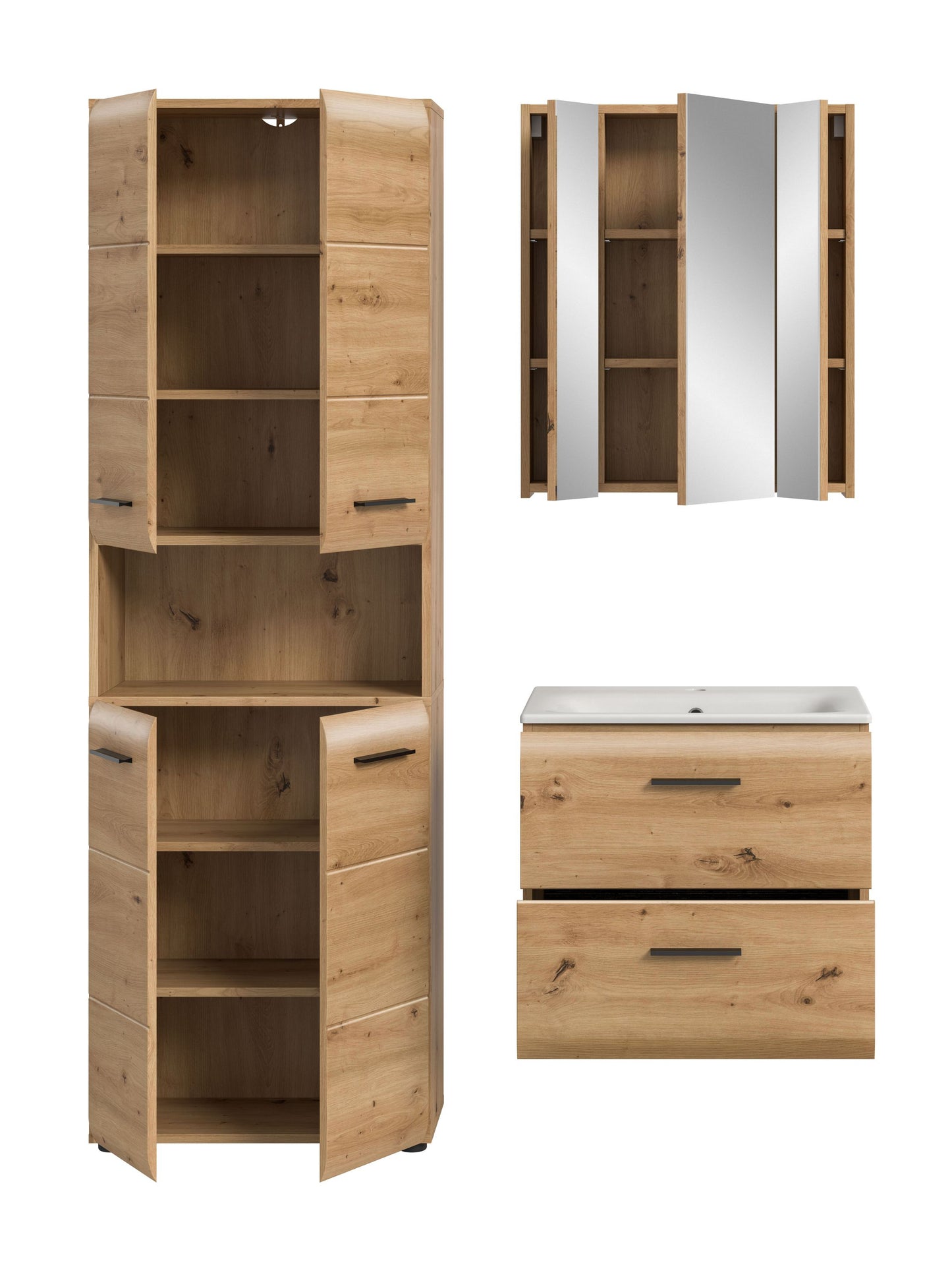 Badmöbel-Set in hellem Holzdekor mit Spiegelschrank, offenen Fächern und Waschtisch