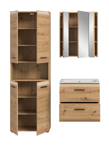 Badmöbel-Set in hellem Holzdekor mit Spiegelschrank, offenen Fächern und Waschtisch
