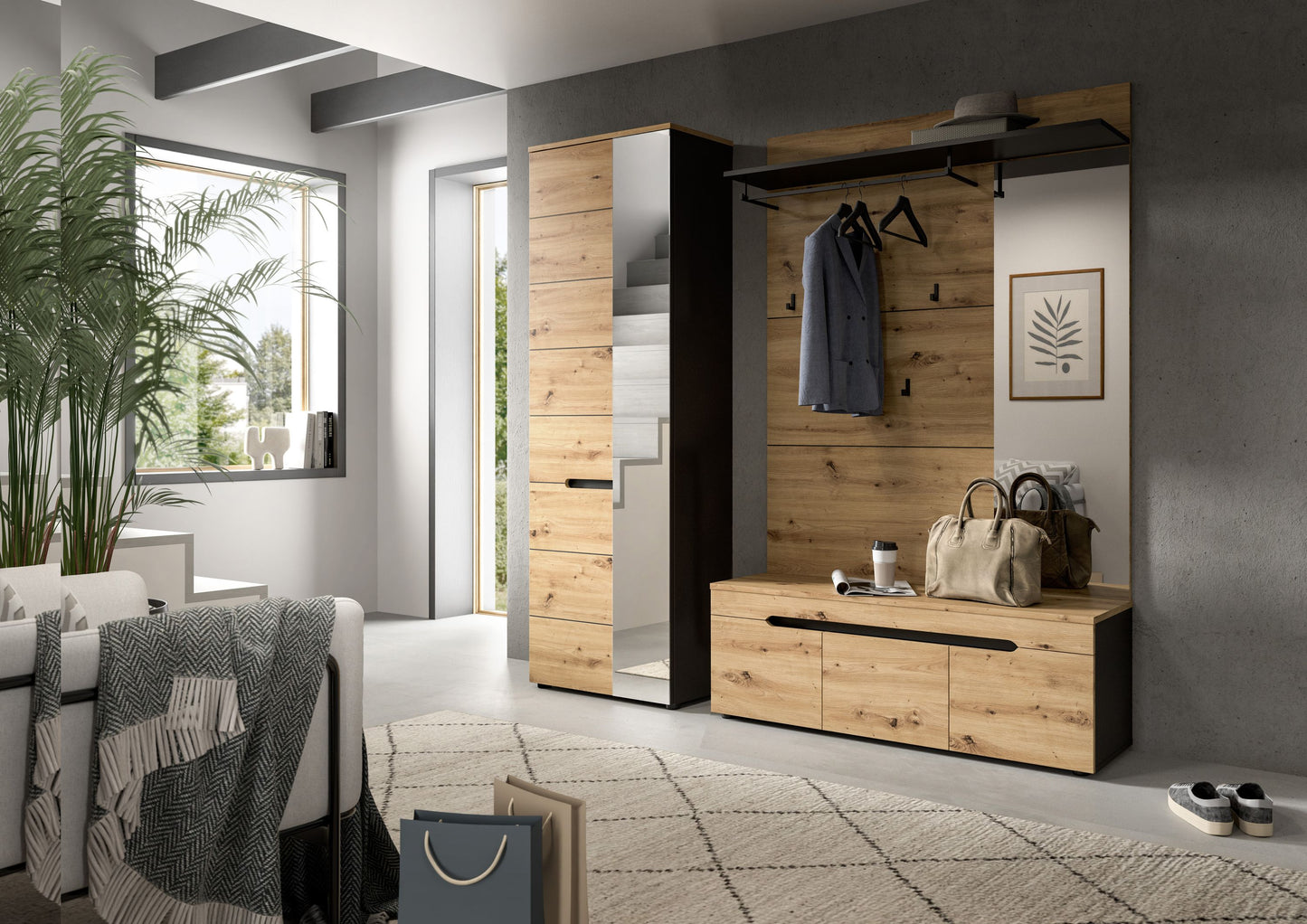 Garderobenset im Flur: Spiegelschrank, Garderobenpaneel mit Haken und Sitzbank in Holzoptik