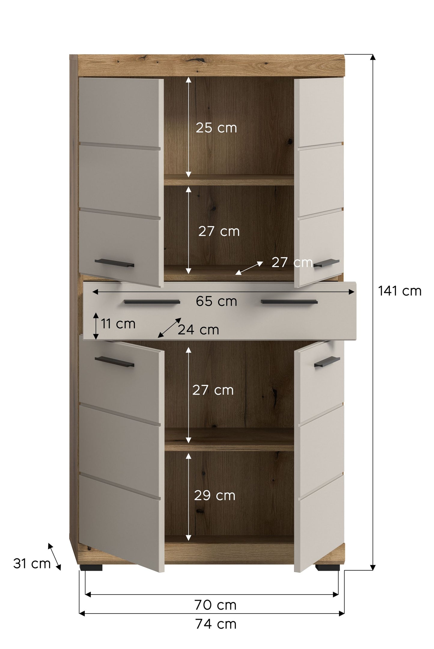 Badhochschrank mit Maßangaben: Höhe 141 cm, Breite 74 cm, Tiefe 31 cm