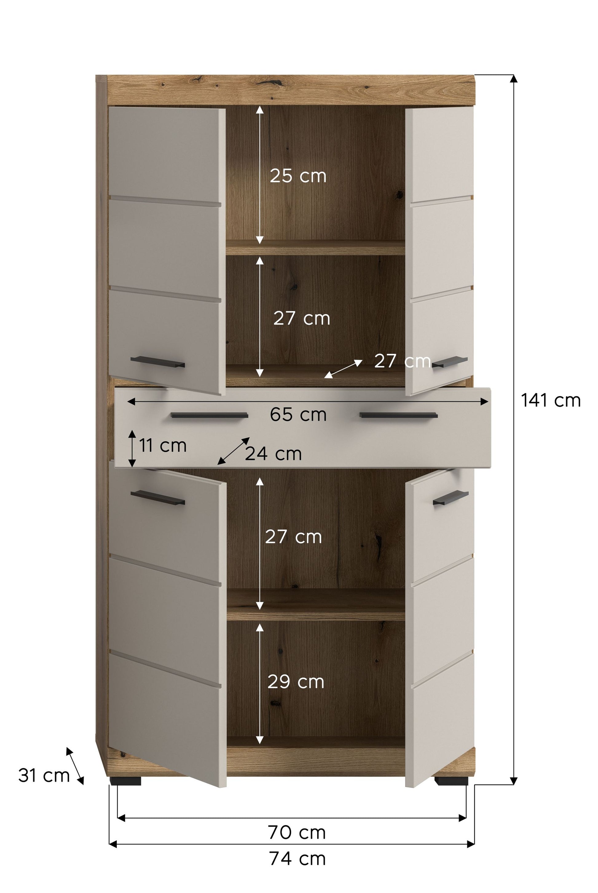 Badhochschrank mit Maßangaben: Höhe 141 cm, Breite 74 cm, Tiefe 31 cm