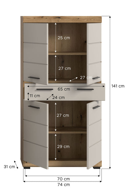Badhochschrank mit Maßangaben: Höhe 141 cm, Breite 74 cm, Tiefe 31 cm