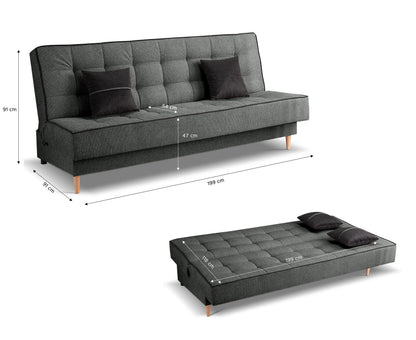 Schlafsofa mit Schlaffunktion, dunkelgrauer Stoffbezug, Maßangaben und geöffnete Ansicht