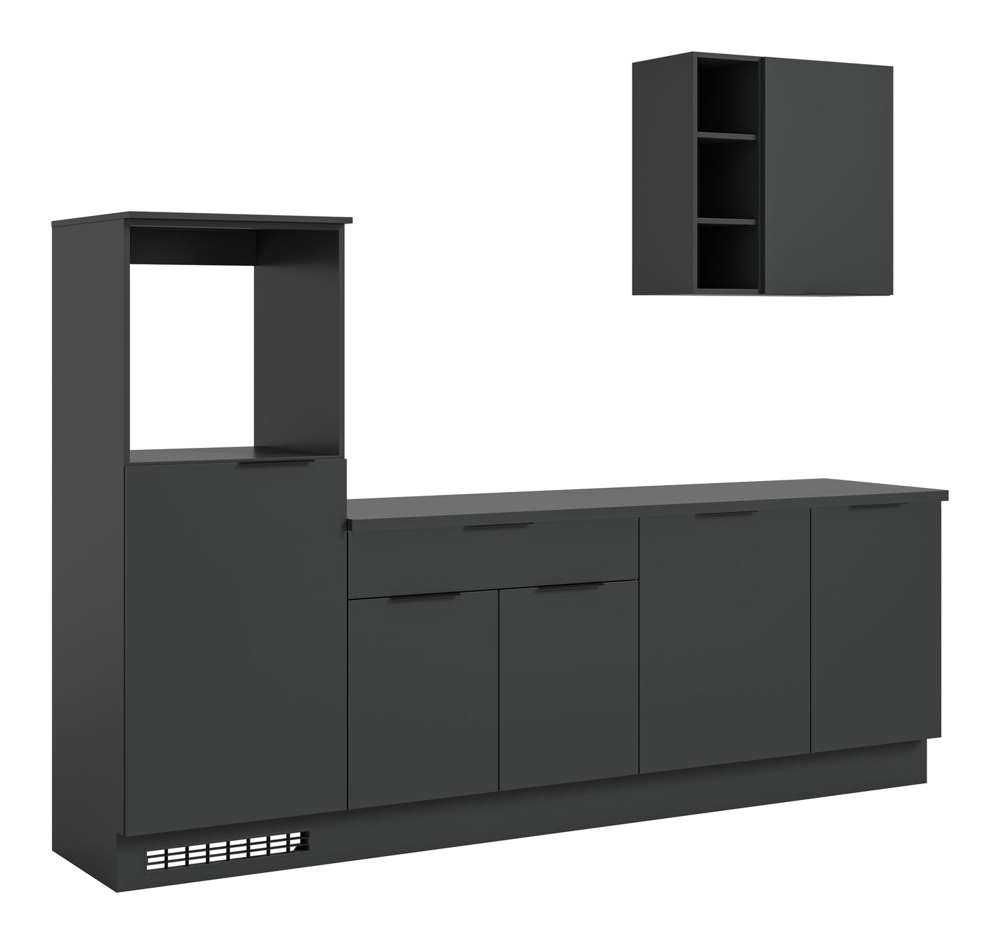Küchenzeile in dunklem Schwarz mit Schubladen und Unterschränken sowie offenem Hochschrank