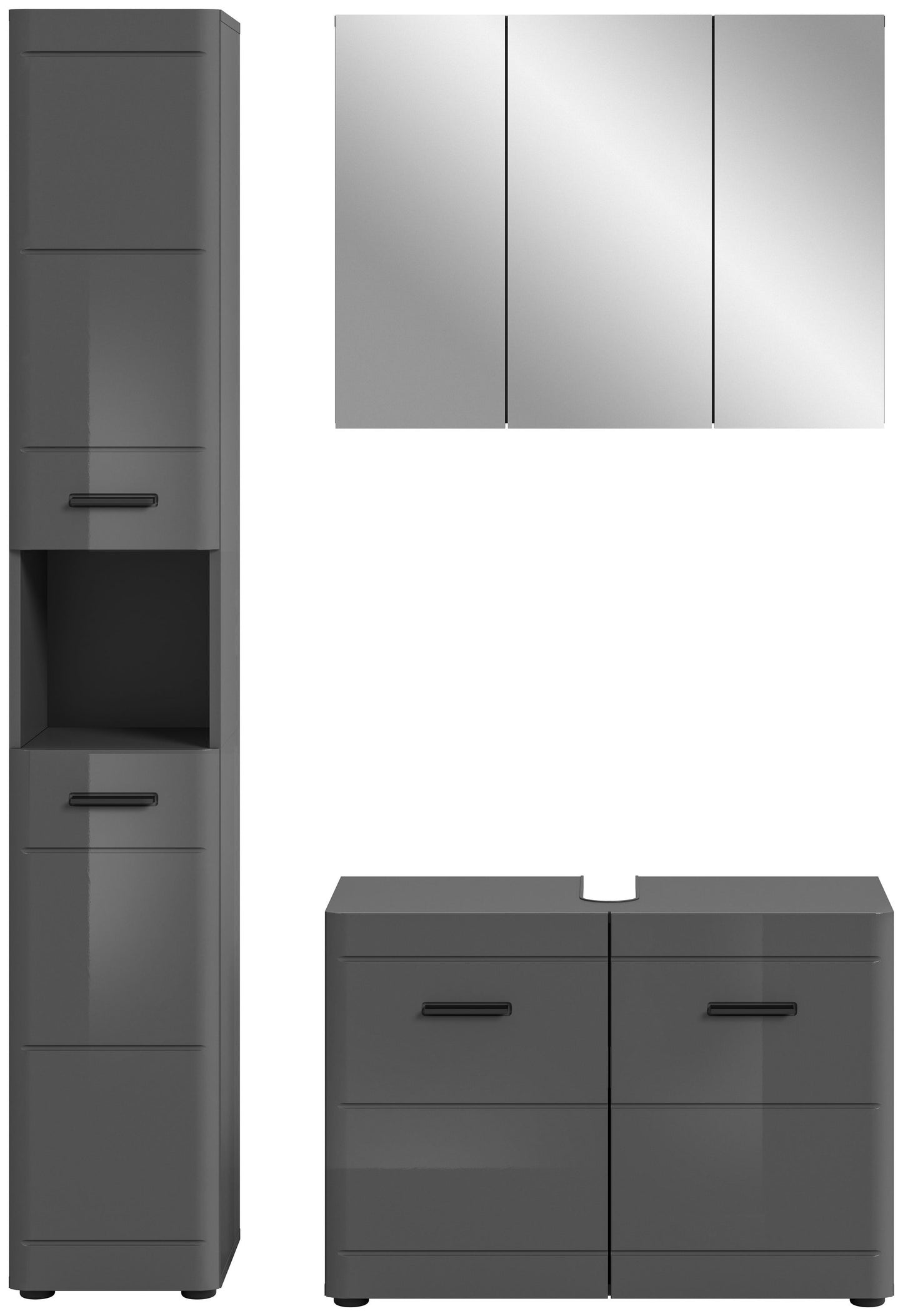 Badmöbel-Set in grau: Hochschrank mit 2 Auszügen und Waschtisch-Unterschrank mit 4 Schubladen