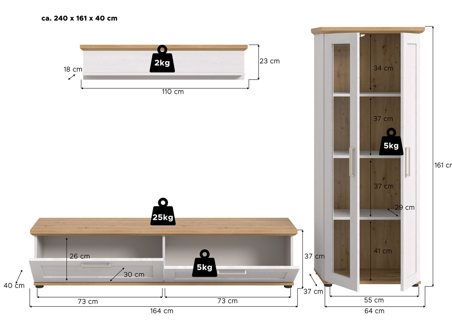 Homes & Jones Wohnwandset 3-tlg. Landhausstil, Lowboard für TV bis zu 70 Zoll