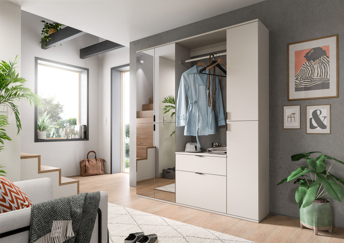Garderobenschrank im Wohnraum mit Kleiderbereich und Schubladen, weiß