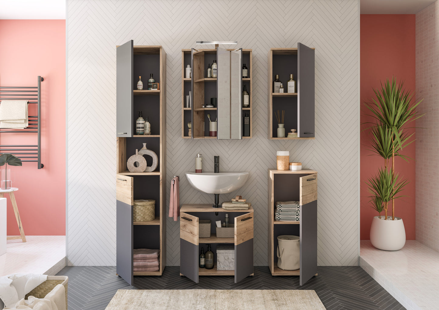 Armoire haute MASON (L/H/P : env. 37/190/34 cm) en imitation chêne Nox/gris basalte