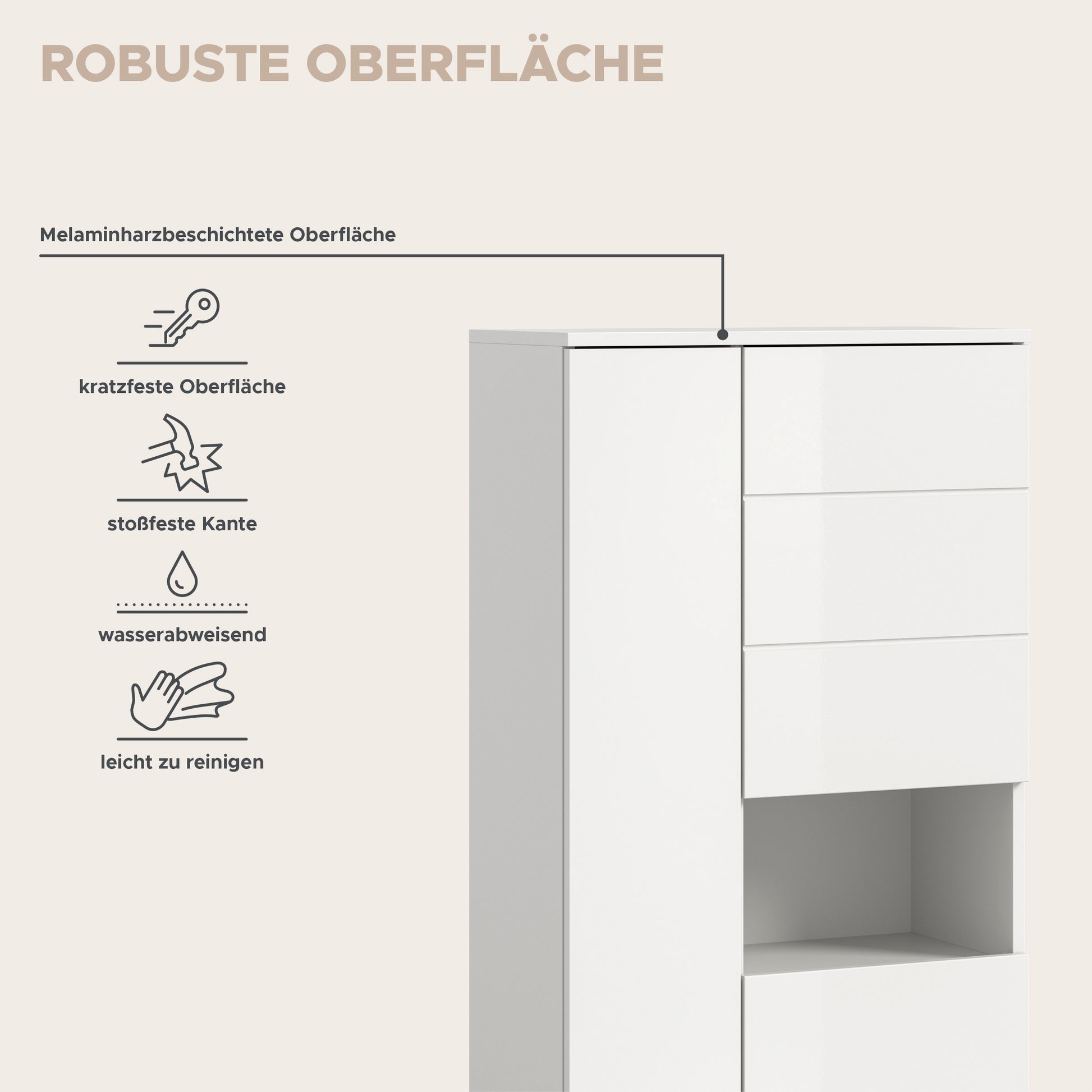 Badhochschrank weiß mit robuster Oberfläche und mehreren Ebenen, Schrankkorpus mit Öffnung