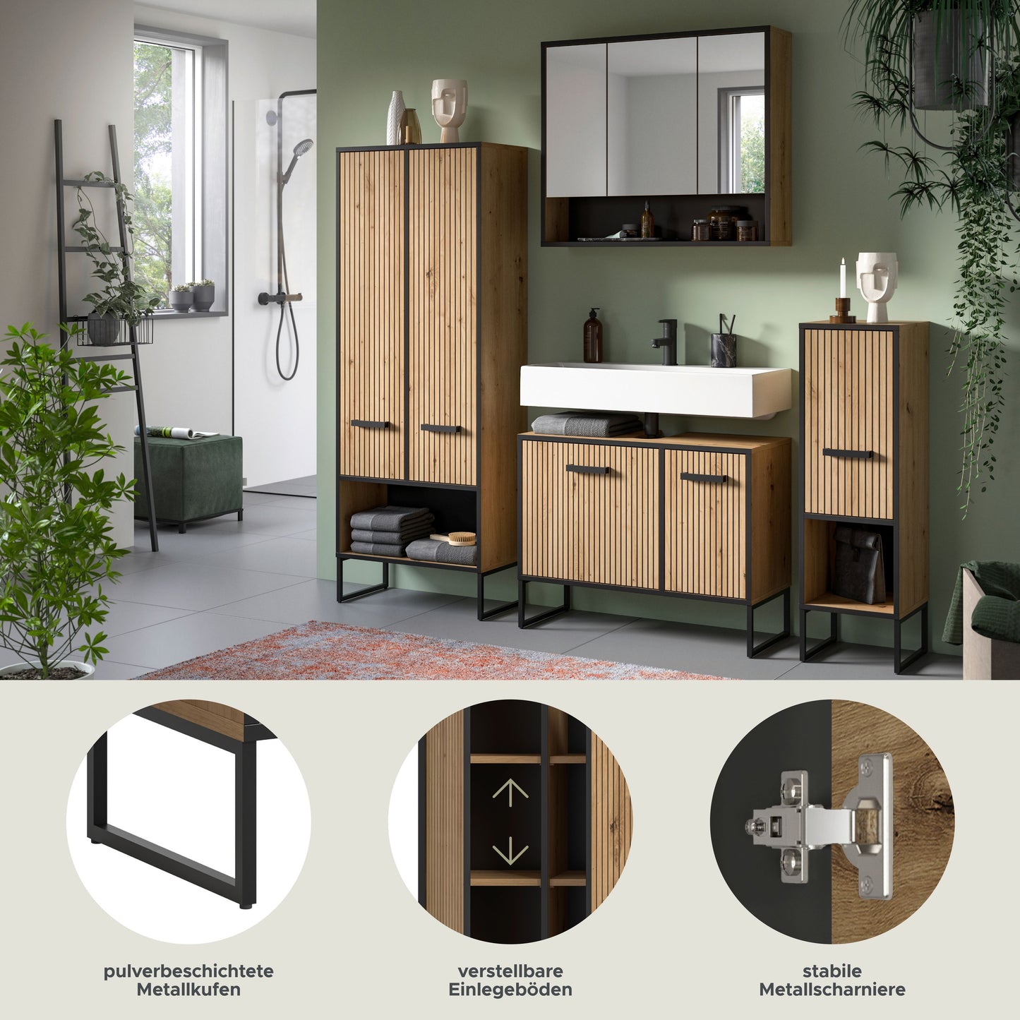 Badezimmermöbel-Set mit Spiegelschrank, Holzfronten und separaten Funktionsgrafiken