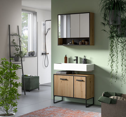 Badmöbelset mit Spiegelschrank und Waschtischunterschrank, Holzfront mit Metallfüßen